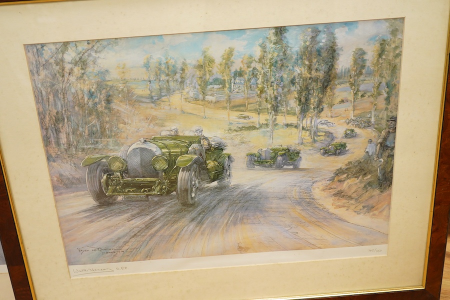 Two framed and signed motor racing lithographs by Anthony Heal and Walter Hassan of Le Mans and Brookslands racing scenes, the largest frame 61.5 x 76cm, together with a folio containing a large number of unframed simila